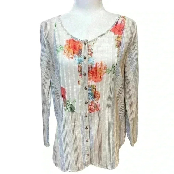 Soft Surroundings Floral Stripe Button Front Blouse Mixed Print - Picture 2 of 7